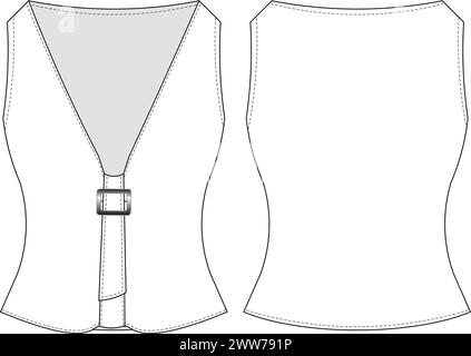 Tiefer V-Ausschnitt ärmellos mit Gürtel Neckholder Top Bluse Vorlage technische Zeichnung flache Skizze cad Modell Mode Frau Design Modell Modell Modell Stock Vektor