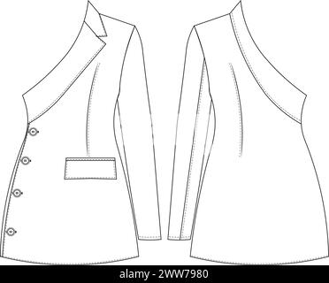 Ein-Ärmel-Kragen-Langarm-asymmetrischer Ausschnitt geknöpfte Mini-Jacke eine Linie kurzes Kleid Vorlage technische Zeichnung flache Skizze cad-Modell Fashi Stock Vektor