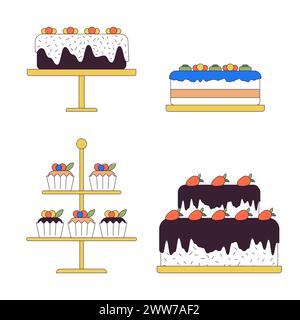 Dekorierte Kuchen auf Ständen 2D lineare Zeichentrickobjekte Set Stock Vektor