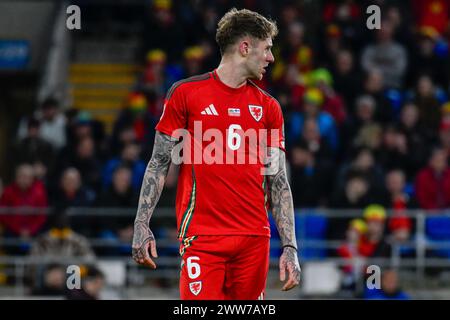 Cardiff, Wales. 21. März 2024. Joe Rodon aus Wales im Halbfinale der UEFA EURO 2024 zwischen Wales und Finnland im Cardiff City Stadium in Cardiff, Wales, Vereinigtes Königreich am 21. März 2024. Quelle: Duncan Thomas/Majestic Media. Stockfoto