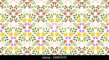 Durchgehendes Muster mit Blumenelementen. Botanisch inspiriertes, wiederholtes Design mit weißen, gelben und lilafarbenen Blüten, rosa Kirschblüten und Zweig wi Stock Vektor