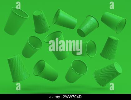 Set aus Kunststoff Einweg-Partybecher isoliert auf monochromem grünem Hintergrund. 3D-Rendering von Take Away Glas für Saft, frisch, Bier Stockfoto