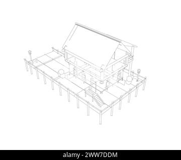 Vektor-Illustration, Sommerhaus am Meer. 3D-Vorstadtmodell. Zeichnung des modernen Gebäudes. Cottage-Projekt auf weißem Hintergrund. Vector blu Stock Vektor