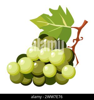 Saftige und gesunde Gruppe hellgrüner Trauben mit grünen Blättern isoliert auf weißem Hintergrund. Vektor-Beeren-Illustration in flacher Form. Sommerklipar Stock Vektor