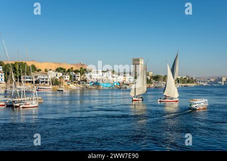 Feluccas (traditionelle ägyptische Segelboote) auf dem Nil in Assuan, Ägypten Stockfoto