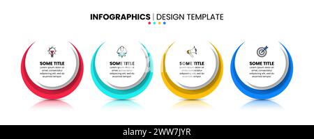 Infografik-Vorlage mit Symbolen und 4 Optionen oder Schritten. Stehende Kreise. Kann für Workflow-Layout, Diagramm, Banner und Webdesign verwendet werden. Vektorillustra Stock Vektor