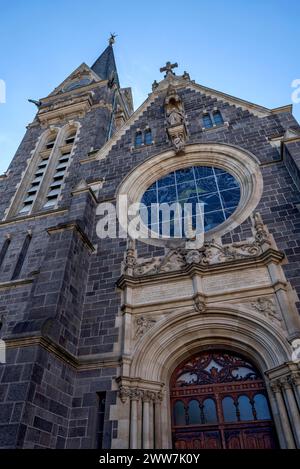 Johanniskirche, Neogotik und Neorenaissance, Portal und Rosenfenster, Altstadt, Gießen, Hessen, Deutschland Stockfoto