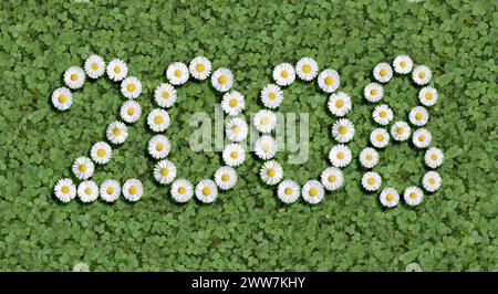 Das Jahr 2008 schrieb mit Gänseblümchen auf einer Kleewiese als digitale Komposition Stockfoto