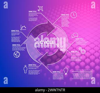 Vektor-Infografik-Blueprint-Berichtsvorlage aus Linien und Symbolen mit großem Zyklus-Symbol auf abstraktem violetten Hintergrund Foto-Platzhalter Stock Vektor