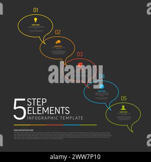 Progress Process Diagonale Schema Diagramm Infografik Vorlage aus fünf runden dünnen Sprechblasen mit kurzer Titelbeschreibung und Symbol auf einem d Stock Vektor