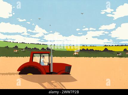 Landwirt fährt Traktor, erntet Erntegut in sonniger ländlicher Landschaft Stockfoto