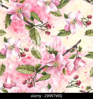 Apfel- oder anderer Frühlingsblütenbaum nahtloses Muster, Blumen, Knospen auf Aquarellflecken Hintergrund. Frühjahrspflanze. Handgezeichnetes Blumenmuster Stockfoto