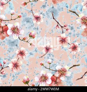 Aquarell Frühling blühender Zweig vom Baum, Sakura Kirschknospen, Blumen nahtloses Muster auf Aquarellflecken farbigen Hintergrund. Frühjahrs-Clipart Stockfoto