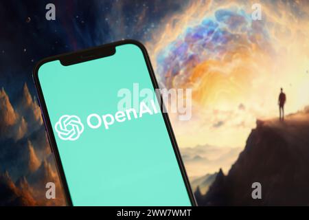 KIEW, UKRAINE - 17. MÄRZ 2024 OpenAI-Logo auf dem iPhone-Display mit Hintergrund der künstlichen Intelligenz futuristischen Ai-generierten Bild Nahaufnahme Stockfoto