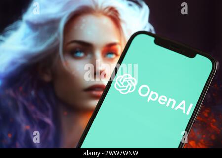 KIEW, UKRAINE - 17. MÄRZ 2024 OpenAI-Logo auf dem iPhone-Display mit Hintergrund der künstlichen Intelligenz futuristischen Ai-generierten Bild Nahaufnahme Stockfoto