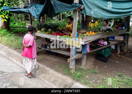 Einheimische kaufen tropisches Obst und Gemüse am lokalen Stand am Strand in der Nähe von Puerto Viejo an der Karibikküste, Costa rica Stockfoto
