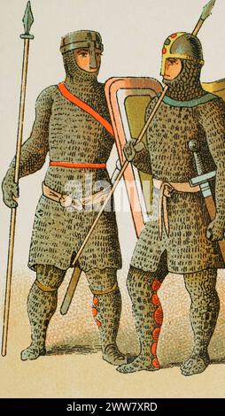 Heiliges Römisches Reich, 1000-1100. Krieger. Chromolithographie. "Historia Universal", von César Cantú. Volumen V, 1884. Stockfoto