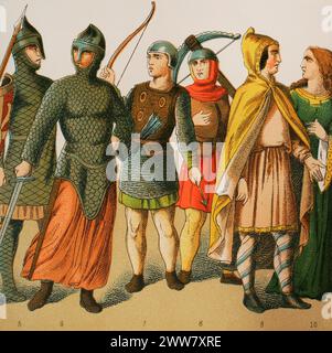 Normans, 1000-1100. Von links nach rechts: 5-6-7-8: Krieger, 9: Adlige, 10: Edle Dame. Chromolithographie. "Historia Universal", von César Cantú. Volumen V, 1884. Stockfoto