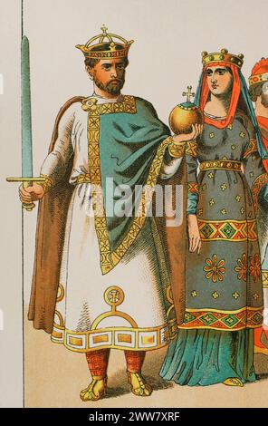 Heinrich II., Kaiser des Heiligen Römischen Reiches (973–1024). König von Deutschland (1002-1024) und Kaiser des Heiligen Römischen Reiches (1014-1024). Heinrich II. Mit seiner Frau Cunigunde von Luxemburg (ca. 975–1040), Kaiserin des Heiligen Römischen Reiches. Chromolithographie. "Historia Universal", von César Cantú. Volumen V, 1884. Stockfoto