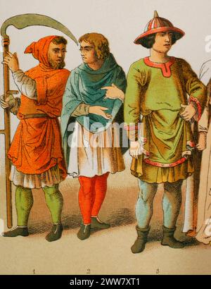 Geschichte Frankreichs, 1100. Von links nach rechts, 1-2: Pflüger, 3: Adlige. Chromolithographie. "Historia Universal", von César Cantú. Volumen V, 1884. Stockfoto