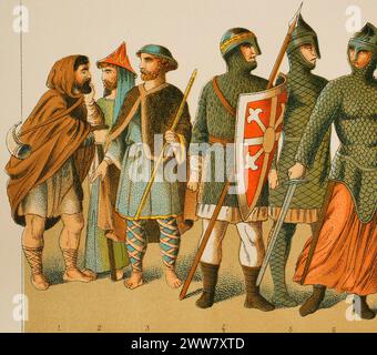 Normans, 1000-1100. Von links nach rechts, 1: schäferhund, 2: Adlige, 3: pilger, 4-5-6: Krieger. Chromolithographie. "Historia Universal", von César Cantú. Volumen V, 1884. Stockfoto