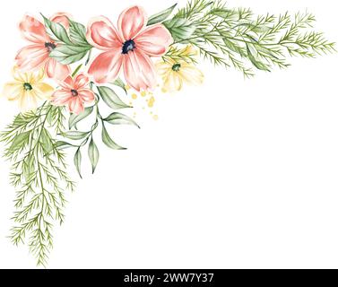 Blumenrand in Aquarellfarben. Blumenrosa Rose, grüne Blätter. Hochzeitskonzept mit Blumen. Blumenplakat, Einladung. Wildblumenarrangements im Frühling Stockfoto