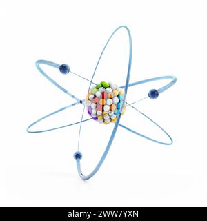 Atom-Modell mit Orbitalelektronen isoliert auf weißem Hintergrund. 3D-Abbildung. Stockfoto