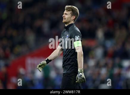 Cardiff, Großbritannien. März 2024. Lukas Hradecky aus Finnland während des Qualifikationsspiels zur UEFA-Europameisterschaft im Cardiff City Stadium. Der Bildnachweis sollte lauten: Simon Bellis/Sportimage Credit: Sportimage Ltd/Alamy Live News Stockfoto