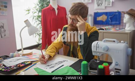 Ein nachdenklicher rothaariger Mann mit Bart skizziert ein Design in einer Schneiderei, umgeben von Stoffen und einer Nähmaschine. Stockfoto