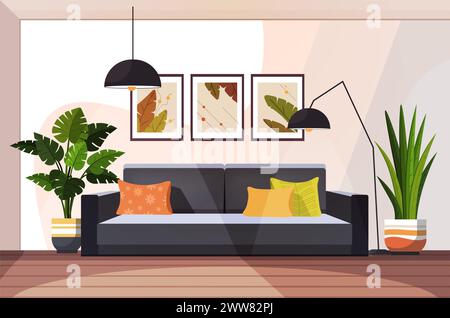Modernes Wohnzimmer mit Möbeln und Einrichtung. Trendiges, zeitgenössisches Innendesign mit Sofa, Zimmerpflanzen, Bildern und Stehlampe. Flacher Vektor Stockfoto