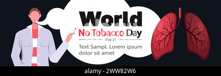 Das Banner „World No Tobacco Day“ wurde entworfen. Gefahren des Rauchens. Die Raucherwirkung auf die menschliche Lunge. Der Mann raucht eine Zigarette. Tabakabhängigkeit. Stockfoto