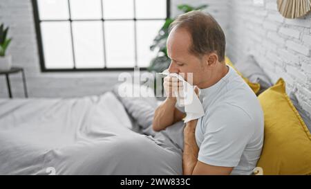 Gestresster Mann mittleren Alters, der an Krankheit leidet, sitzt im Bett und trauert um seine Krankheit im Schlafzimmer seiner Wohnung Stockfoto