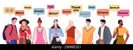 Porträtgruppe multiethnischer Menschen, die sprechen. Sprechblasen mit Text Vielen Dank in verschiedenen internationalen Sprachen. Internationaler Dankeschön-Tag. Stockfoto