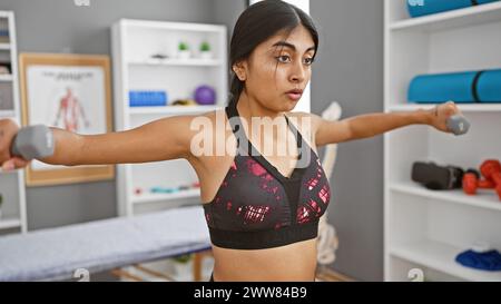 Junge indianerin arbeitet mit Kurzhanteln im Fitnesscenter, die sich auf Gesundheit und Kraftaufbau konzentrieren. Stockfoto