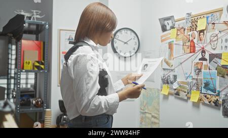 Eine afroamerikanische Detektivin analysiert Beweise im Kriminalamt der Polizeiwache mit Ermittlungsausschuss. Stockfoto