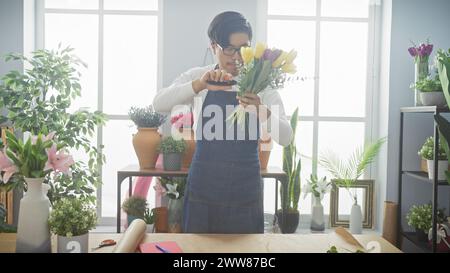 Ein junger asiatischer Mann arrangiert aufmerksam Blumen in einem hellen, grünen Blumenladen-Innenraum. Stockfoto