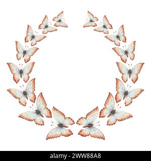 Rahmen rund mit fliegenden Schmetterlingen in zarter blaubrauner Farbe. Handgezeichnete Aquarellillustration. Isolierter Vintage-Kranz mit Insekten. Vorlage mit Stockfoto