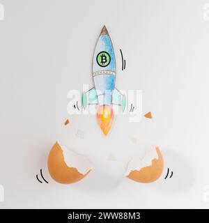 Start einer Rakete mit einem Bitcoin-Zeichen von einem Ei mit gebrochener Schale. Minimales Investitionskonzept. Stockfoto