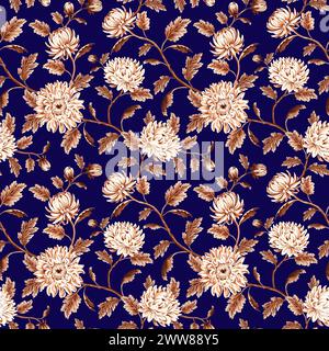 Nahtloses Muster monochrom von Chrysantheme mit Blättern auf blauem Hintergrund. Handgezeichnete Aquarellillustration braune Farbe. Gartenblumen. Templat Stockfoto