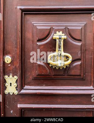 Ungewöhnliche dekorative Türklopfer aus Messing, die an alten Holztüren in Turin, Italien, zu sehen sind Stockfoto