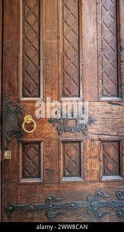 Dekorative Türklopfer aus Messing an alten Holztüren in Turin, Italien Stockfoto