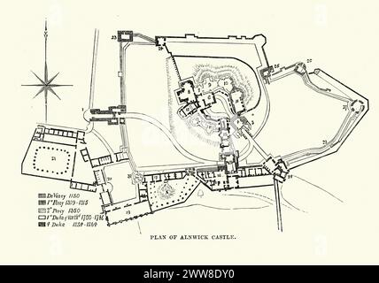 Vintage-Gravur eines Plans von Alnwick Castle, einer Burg und Herrensitz in der Stadt Alnwick in der englischen Grafschaft Northumberland. 1869 Stockfoto