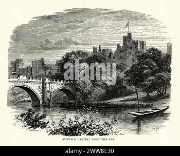 Vintage-Gravur von Alnwick Castle, einer Burg und Herrensitz in der Stadt Alnwick in der englischen Grafschaft Northumberland. 1869 Stockfoto