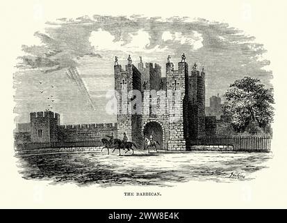 Vintage-Gravur eines Plans von Alnwick Castle, einer Burg und Herrensitz in der Stadt Alnwick in der englischen Grafschaft Northumberland. Eine Barbakane ist ein befestigter Vorposten oder Tor, wie eine äußere Verteidigung zu einer Stadt oder Burg oder ein Turm, der über einem Tor oder einer Brücke liegt und für Verteidigungszwecke genutzt wurde. 1869 Stockfoto