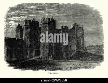 Vintage-Gravur eines Plans von Alnwick Castle, einer Burg und Herrensitz in der Stadt Alnwick in der englischen Grafschaft Northumberland. Ein Donjon (aus dem mittelenglischen Kype) ist eine Art befestigter Turm, der im Mittelalter in Burgen errichtet wurde. 1869 Stockfoto