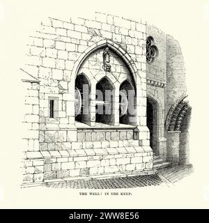 Vintage-Gravur von Alnwick Castle, einer Burg und Herrensitz in der Stadt Alnwick in der englischen Grafschaft Northumberland. Ein Donjon (aus dem mittelenglischen Kype) ist eine Art befestigter Turm, der im Mittelalter in Burgen errichtet wurde. 1869 Stockfoto