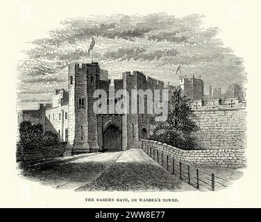 Vintage-Gravur von Alnwick Castle, einer Burg und Herrensitz in der Stadt Alnwick in der englischen Grafschaft Northumberland. Das Gartentor oder der Wachturm. 1869 Stockfoto