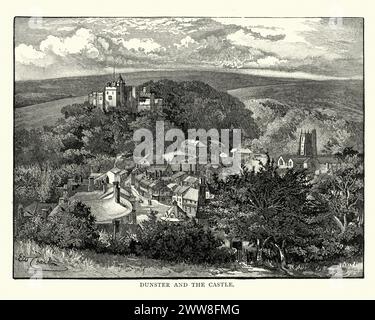 Vintage-Stich von Dunster und seiner Burg, 1892. Dunster ist ein Dorf, eine Bürgergemeinde und ehemaliges Herrenhaus im englischen County Somerset. Stockfoto