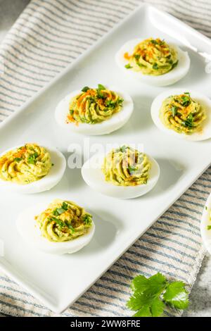 Hausgemachte grüne Avocado-Eier mit Paprika und Koriander Stockfoto