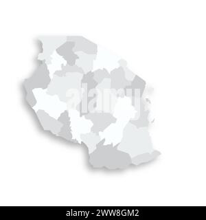 Tansania politische Karte der Verwaltungsbereiche - Regionen. Graue leere flache Vektorkarte mit fallendem Schatten. Stock Vektor